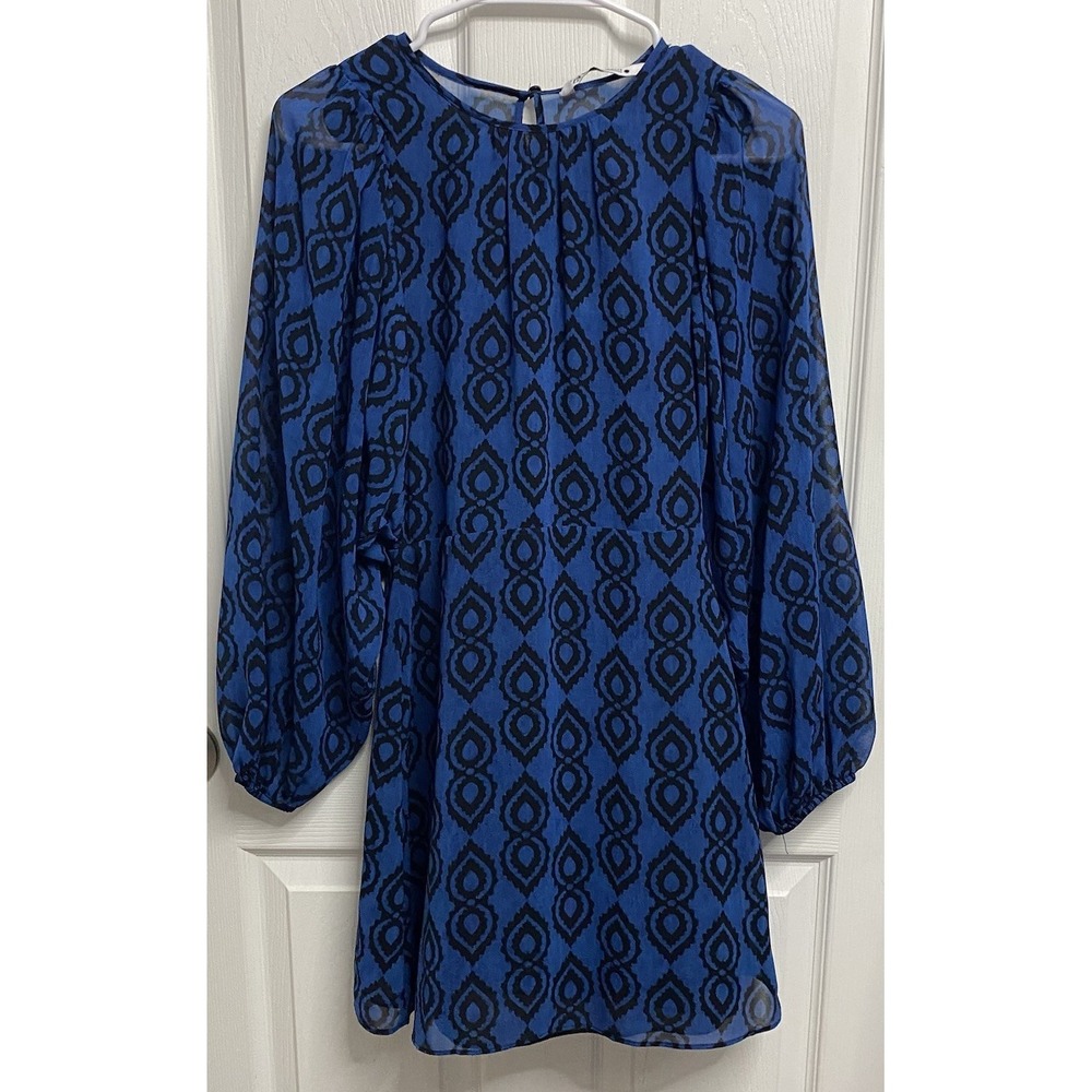 Zara Sadie Women Mini Dress Geometric Blue & Black Print Balloon Long Sleeve XS